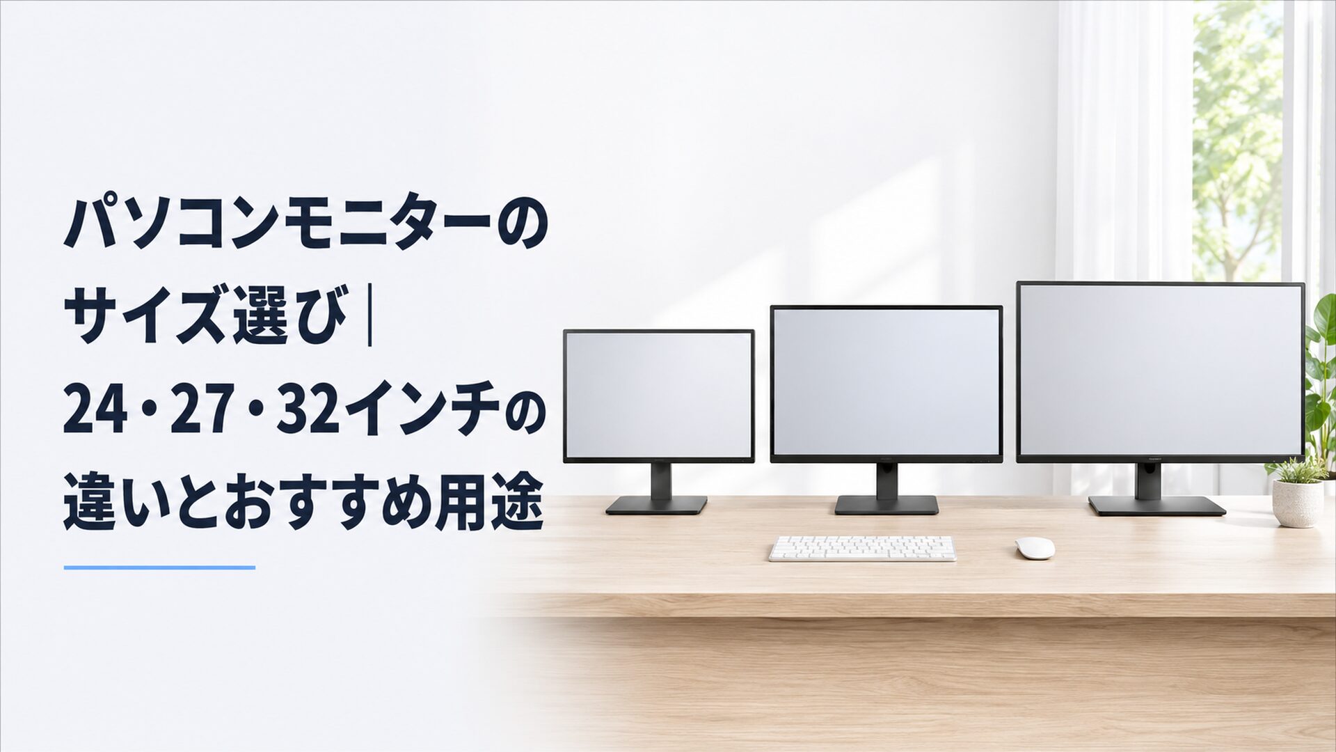 明るく清潔感のある同じデスクに23.8インチ、27インチ、31.5インチのパソコンモニターを並べ、画面サイズの違いがひと目で分かる実写に近いイラスト。画面内の文字・人物・ブランドロゴなし、16:9