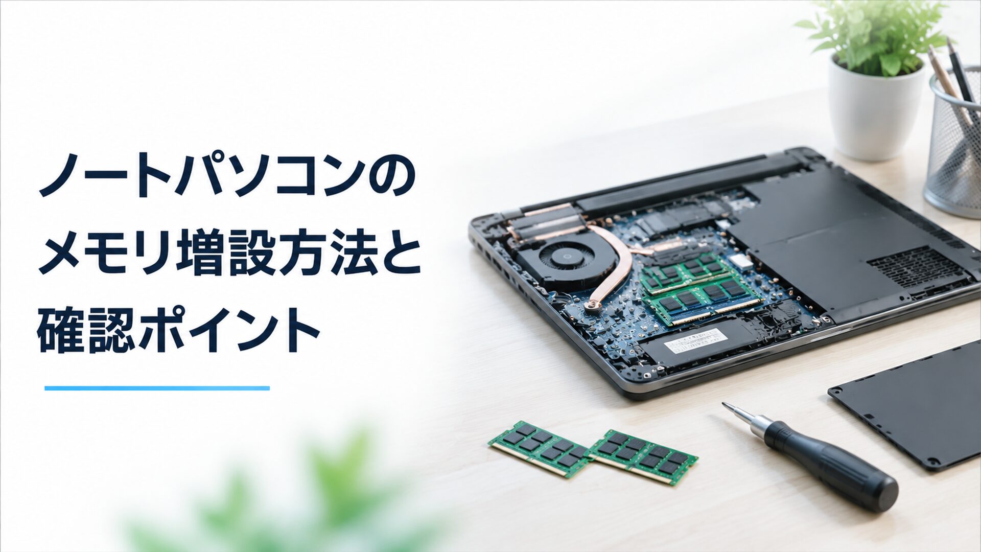 ノートパソコンの内部構造を確認しながらメモリ増設を検討しているデスク作業のイメージ