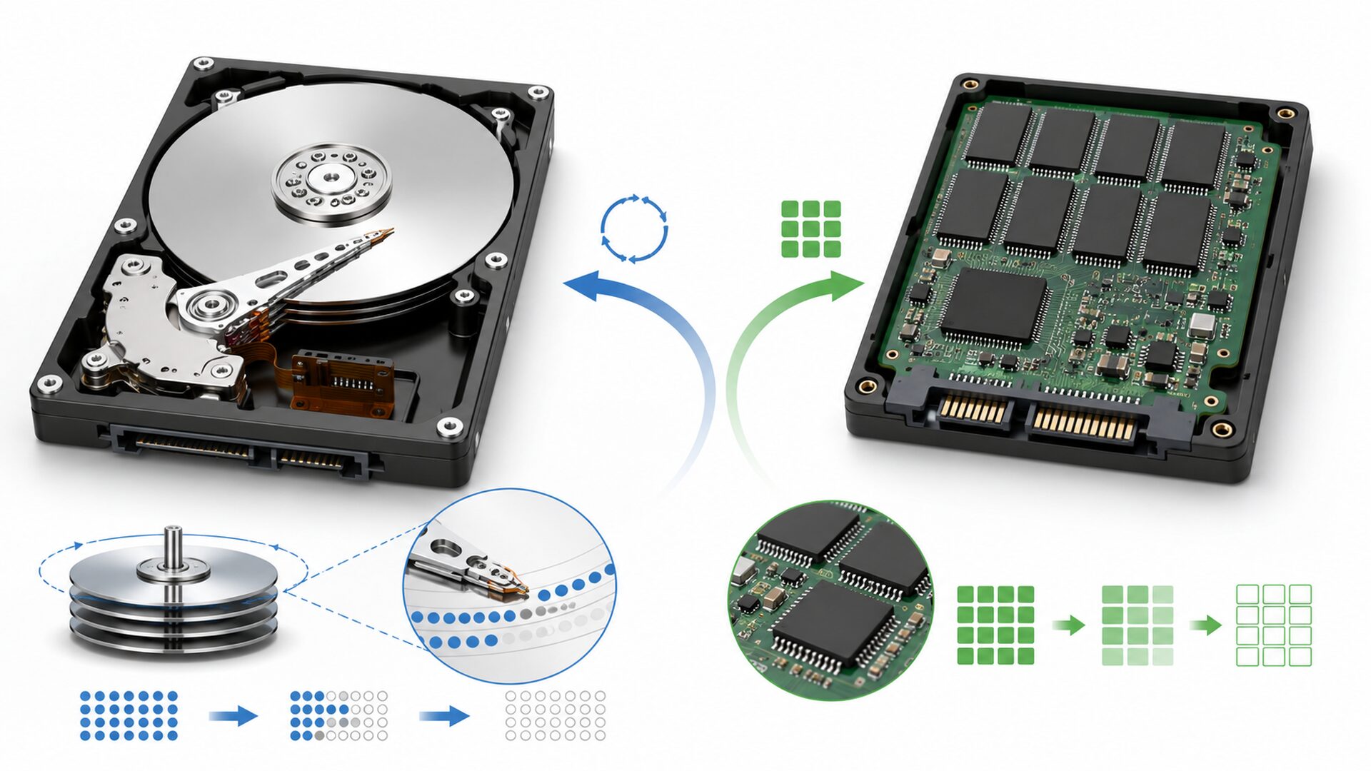 HDDとSSDのデータ保存方法の違いを示すイメージ